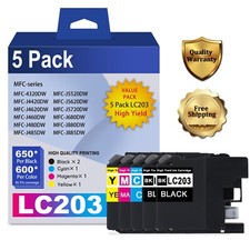 LC203 Ink Cartridge 5-Pack for Brother MFC-J480DW MFC-J680DW MFC-J885DW
