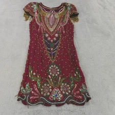 Ramana Silk Beaded Dress Womens 14* Burgundy Embellished 20s Flapper Vintage