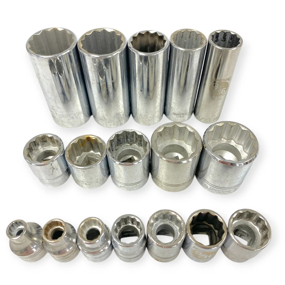 Armstrong 3/8 Drive Deep and Standard 12Pt Socket Set 1/4 to 7/8 in, 17 pcs, USA - Image 2 of 4