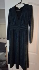 NWOT Boden Metallic Stripes V-Neck A-Line Dress Sleeves Waist Ruching Midi US 6