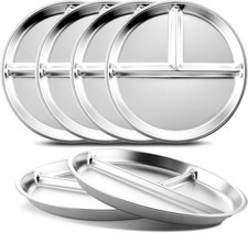 Stainless Steel Kids Plates Set of 6, 9" Portion Control Plates Divided Plate