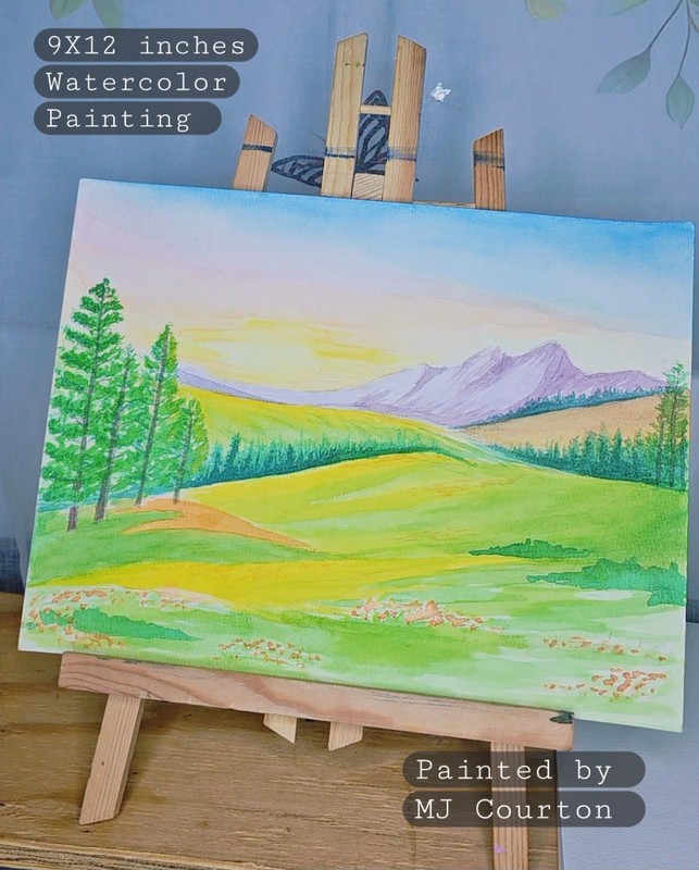 MJ Courton Watercolor Landscape Mountains Trees Sky Painting 9x12 Signed Paper