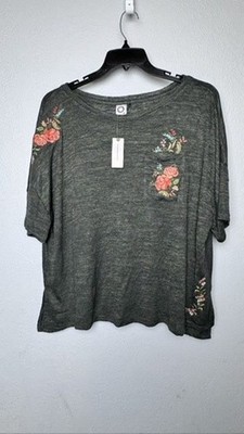 Anthropology Akemi +Kit Knit Shirt Womens XL Gray Embroidered Flowers Tee
