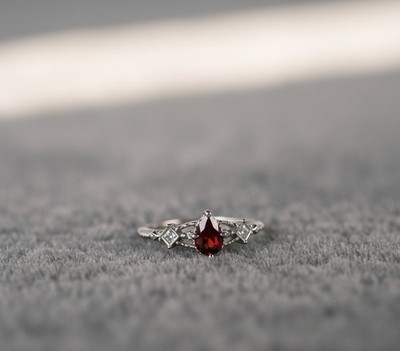 Red Garnet Pear Shape Ring with american Diamond Vintage Engagement Silver Tone