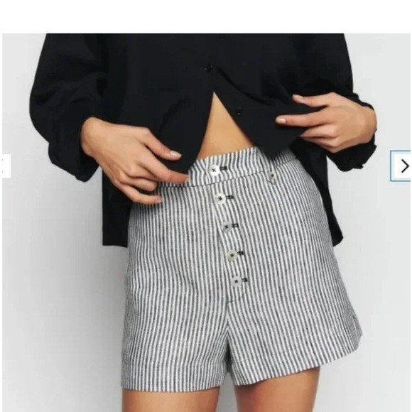 Reformation Grayson Linen Shorts White Black Striped Women 4 Pearl Buttons NWOT