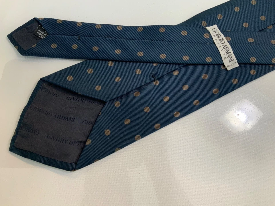 CORBATA GIORGIO ARMANI Para hombres 100% Seda Diseñador POLKA DOT Azul/Gris Usada en Excelente Condición De Colección Foto 2 de 4