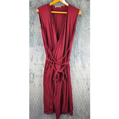 Mango MNG Suit Burgundy Sleeveless Wrap Midi Dress V-Neck Tie Waist Size 8 L