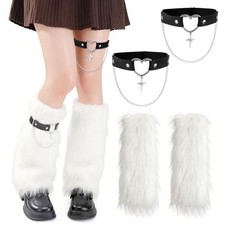 Women Faux Fur Fuzzy Leg Warmers with Faux Leather Chain White