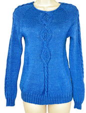 Vintage 1990s blue wool cable knit sweater pull on over long sleeve hand knit S