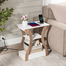 End Table 3 Tier Curved Leg Accent Sofa Table w/Charging Station USB Ports White