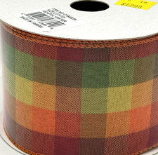 Orange, Red, Green And Yellow Plaid Wired Edge Ribbon 2.5 x 10 Yd Autumn