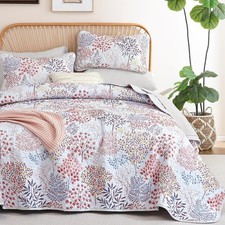 Queen Quilt Set, Red Blue Elegant Botanical Print Bedspread Coverlet Set for ...