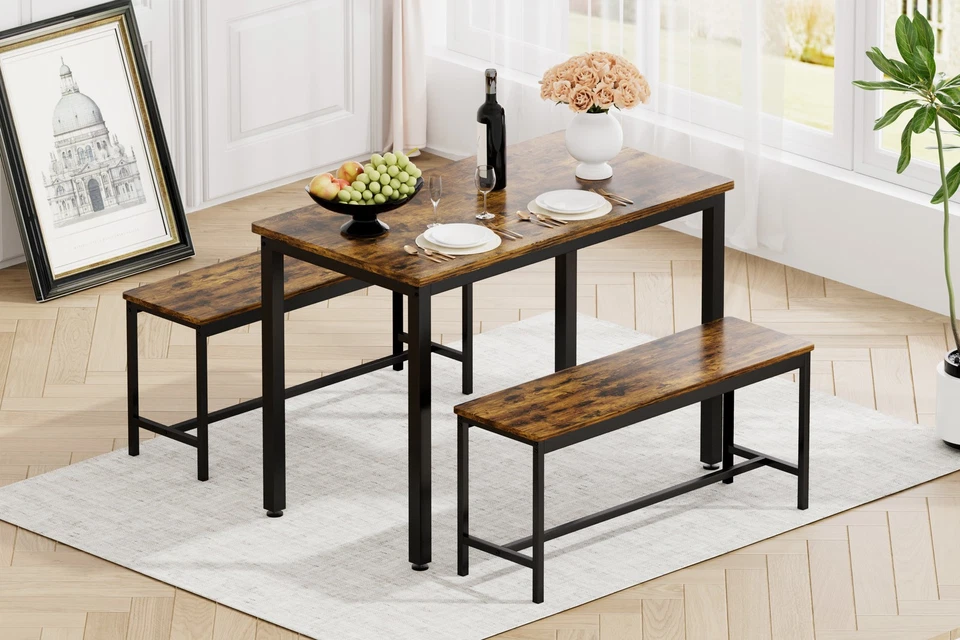 3-Piece Dining Table Set for 4 Rustic Pub Dining Table 2 Benches For Breakfast - Image 3 of 4