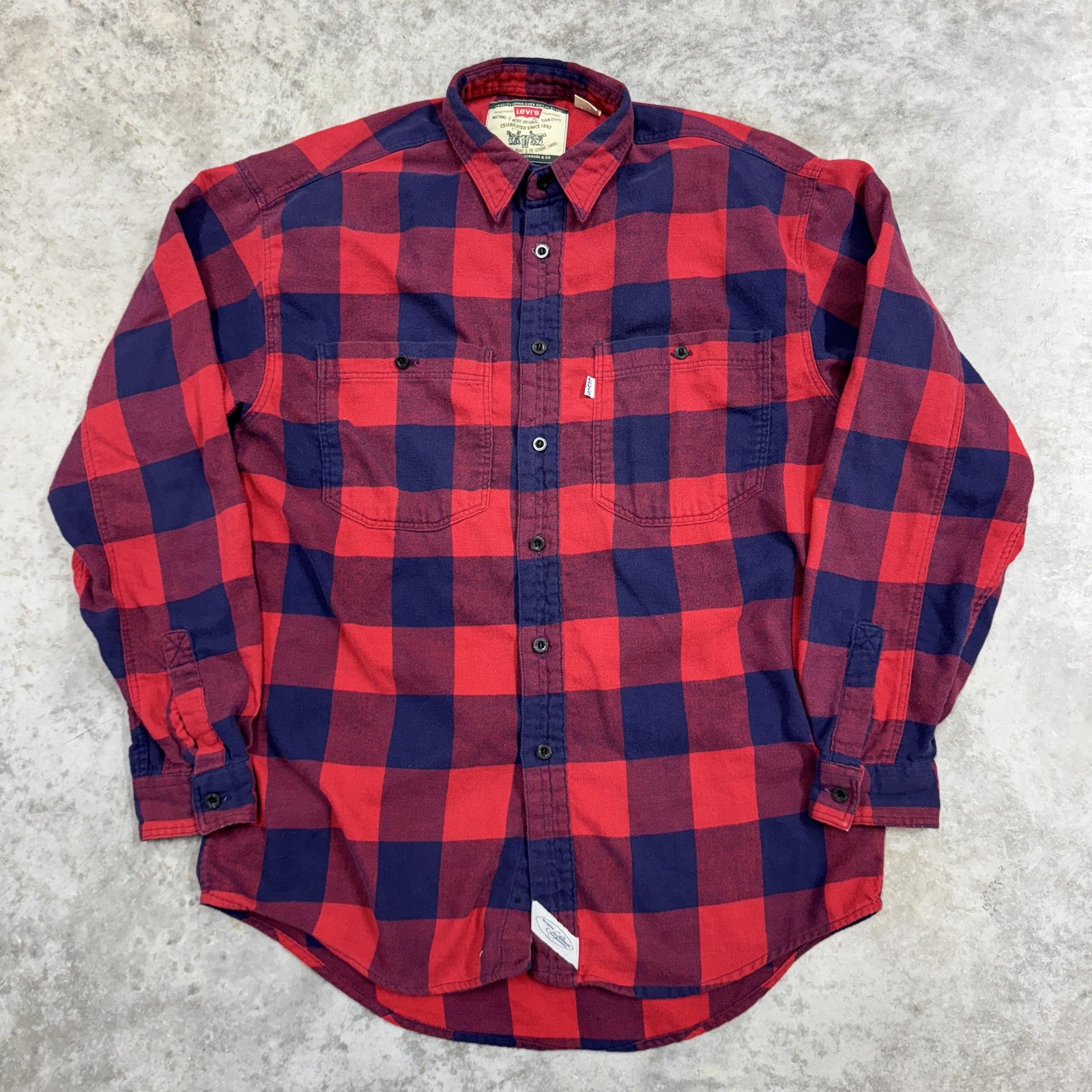Levis Shirt Mens Small Red Blue Buffalo Plaid Flannel Long Sleeve Button Front