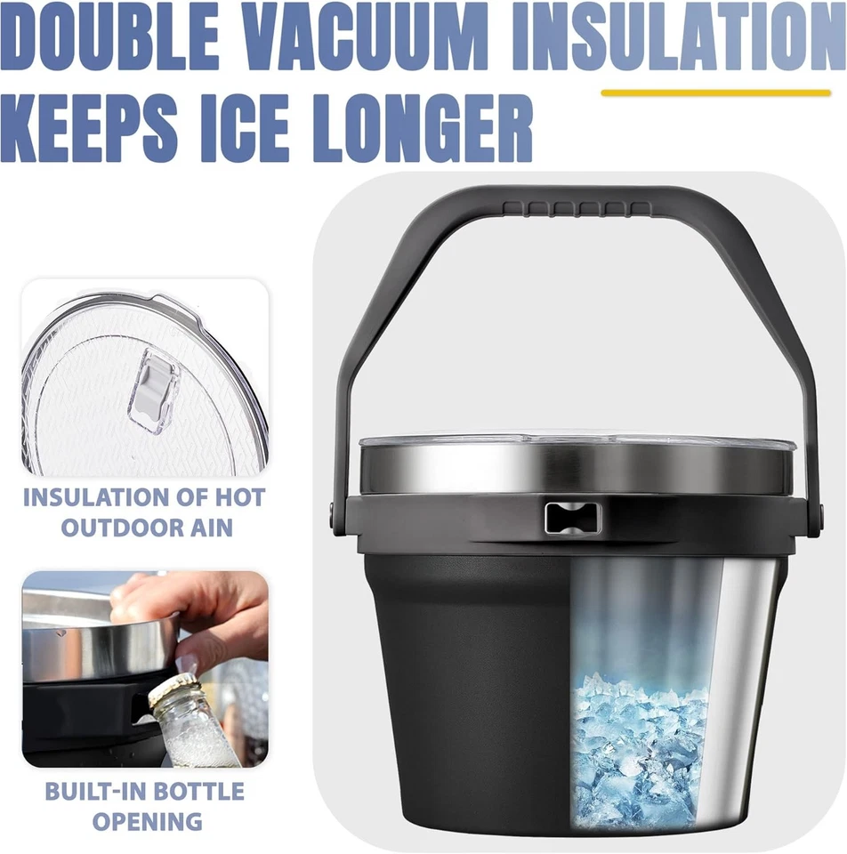 Cubo de hielo aislado doble pared acero inoxidable gran capacidad 7L pinzas cuchara Foto 4 de 4