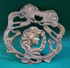 Vtg Art Nouveau Style Brass Lady Flower Goddess Wall Plaque Trivet Korea, 6