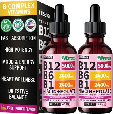nusava Vitamin B Complex Liquid Drops B12 5000 mcg Vegan Fruit Punch 2 fl oz