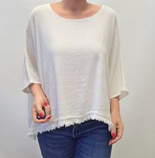 Damen Leinen-Baumwoll Bluse Oversize Tunika Gr. 40 42 44 46 Weiß Italy Style