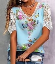 UK Women Plus Size Summer Short Sleeve Shirts Tops V-Neck Floral Lace Blouse Tee