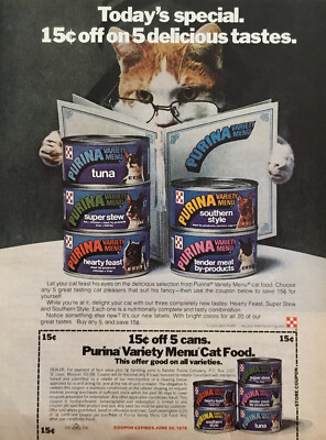 Vintage 1970s Purina Variety Menu Cat Food Magazine Print Ad Cute Funny Kitten