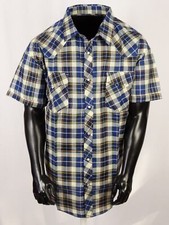 Men Plaid Western Pockets Short Sleeve Shirt Khaki Blue Snap Up 3X, 4X, 5X