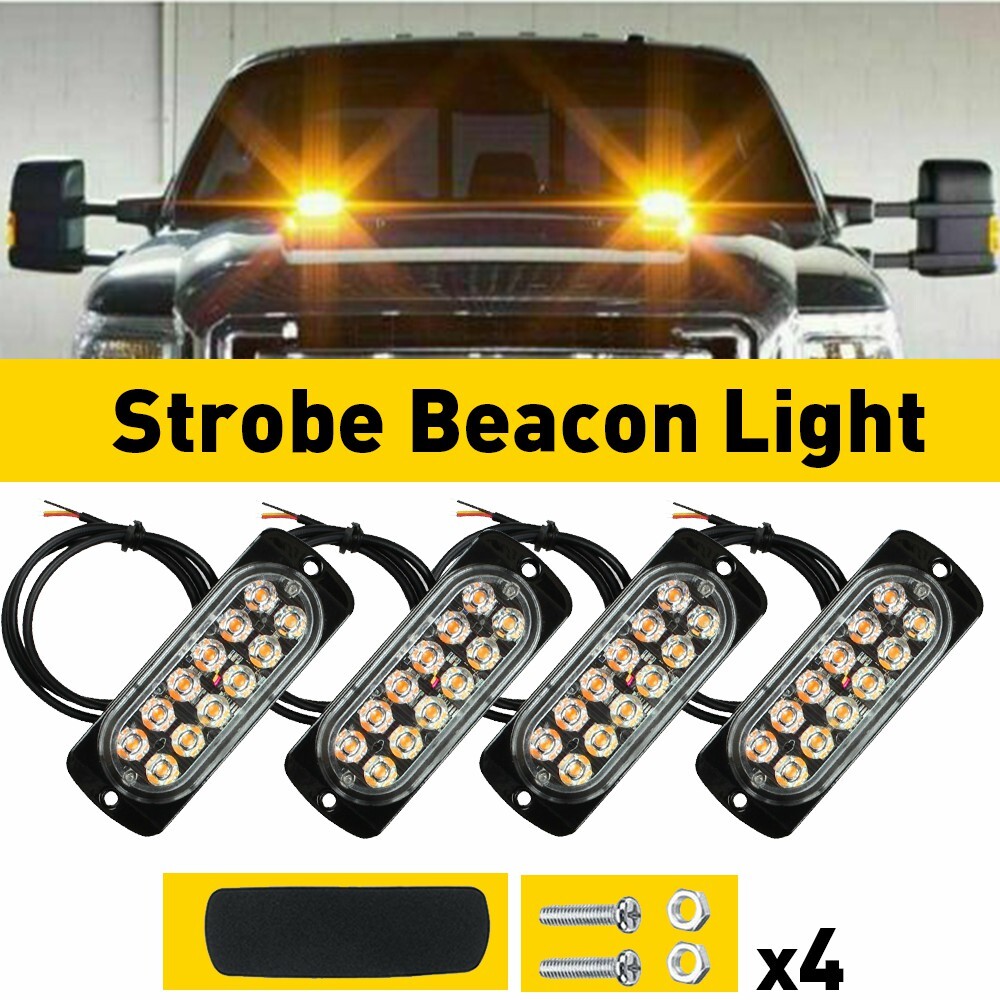 4pcs 12 Truck Car LED  Warning Flash Hazard Strobe Light Bar Amber