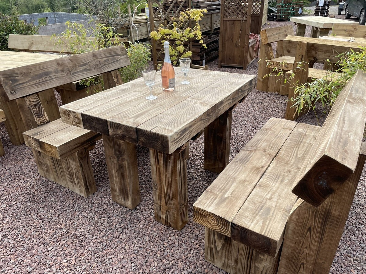 4SEATER RUSTIC Solid Wooden Sleeper Outside Table And Benches