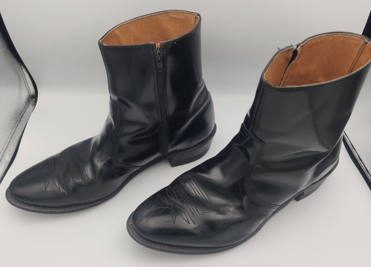 MEN'S SIDE ZIP BLACK LEATHER ANKLE BOOTS 14M VINTAGE RETRO MEN'S SIDE ZIP BLACK LEATHER ANKLE BOOTS 14M VINTAGE RETRO