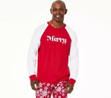 Family Pajamas Mens Color-blocked Pullover Merry Pajama Top Red Size L