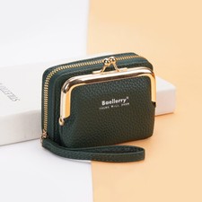 Women's Leather Metal Frame Double Clasp Zipper Coin Change Purse Ladies Wallet