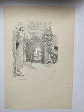 Antique Pencil Drawing Print 1920 Durham Sketch The Abbey Gate Cathedral