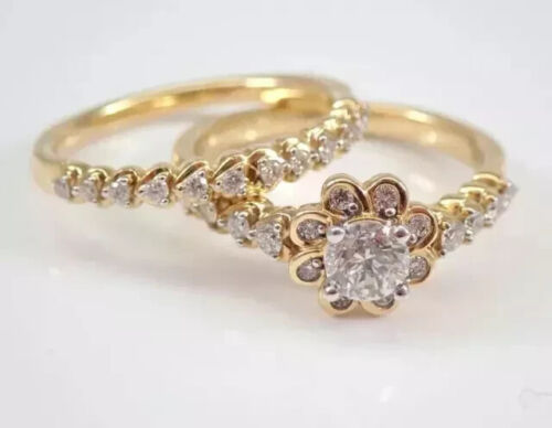 Natural Moissanite 3Ct Round Bridal Set Engagement Ring 14K Yellow Gold Plated