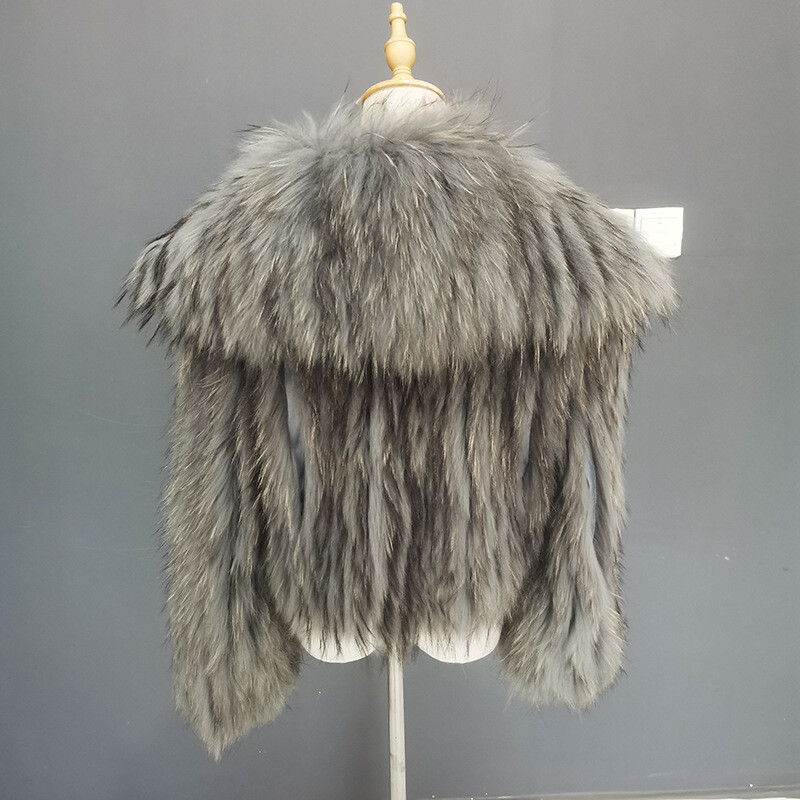 ALTRA Cappotto invernale donna corto collo pelliccia 100% vera pelo di procione marrone grigio