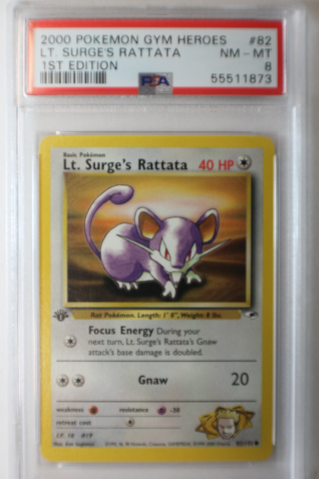 2000 POKEMON GYM HEROES 82  LT. SURGE'S RATTATA    1ST EDITION    PSA  8 N-MINT