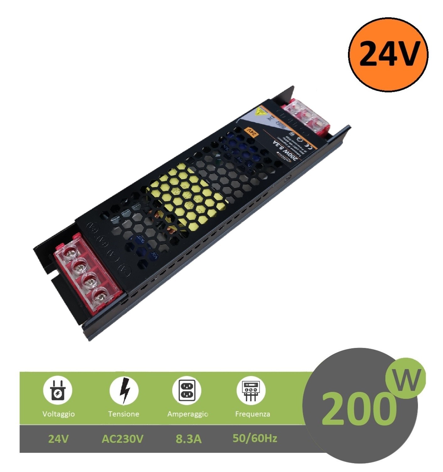 Trasformatore Salvaspazio 24V 200W 8.3A per Profili Alluminio LED Slim