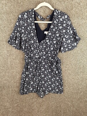 Loft Daisy Floral Bar Back Flutter Sleeve Shorts Romper Womens S Blue Pockets