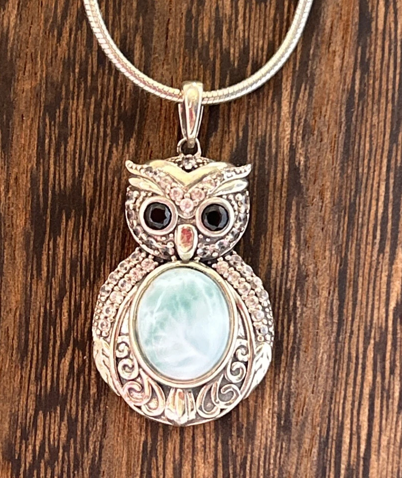 "Collar Búho Larimar Espinela Negra y Circón Blanco Plata de Ley 925 Cuerda 16""L" Foto 3 de 4