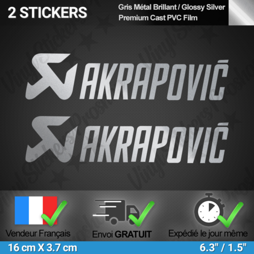 Compatible avec AKRAPOVIC 2 Stickers 16 CM Argent Gris Métal Autocollant Moto - Zdjęcie 1 z 3