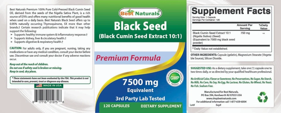Best Naturals Black Seed (Black Cumin Seed Extract 10:1) 7500 mg Equivalent- 120 - Image 4 of 4