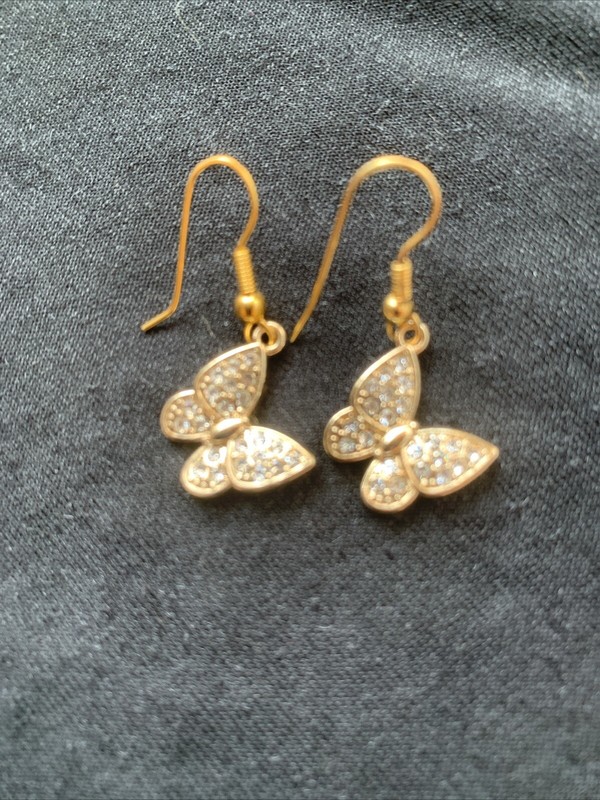 Handmade Butterfly Gold Tone Diamond Rhinestone Drop Pierced Earrings