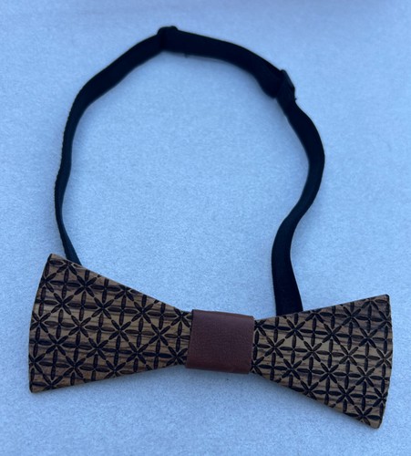 Unique Wooden Bow Tie Engraved Geometric Pattern Brown Leather Center Adjustable