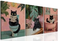 Funny Pink Bathroom Cat Wall Art Painting Set of 3 Maximalist Cute Black Cat ...