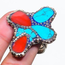Red Coral Turquoise Adjustable Ring Handmade Boho Tibetan Nepali Jewelry NR 3397