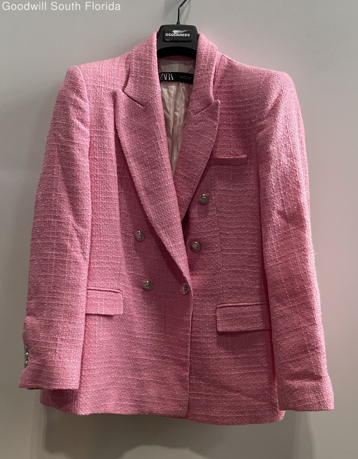 Zara Womens Pink Textured Peak Lapel Double-Breasted Six-Button Blazer Size L
