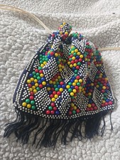 1970s BUBBLE DOT PLASTIC BEADED DRAWSTRING PURSE BAG 11 X 9 inch