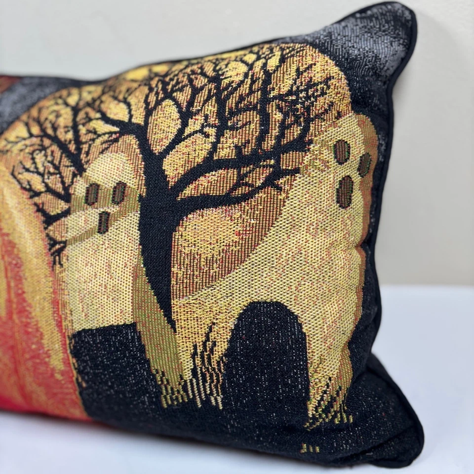 Vintage 90s Halloween Tapestry Throw Pillow Pumpkin Ghost Haunted House 18x14 - Image 3 of 4