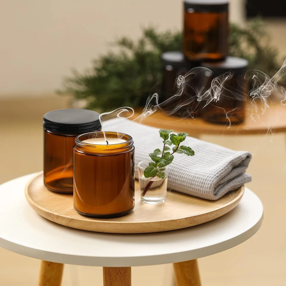 Paquete de 24 frascos de vidrio redondos ámbar grueso de 8 OZ con tapas de metal negro - vela vacía Foto 3 de 4