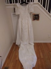 ILGWU Vintage 1970's Satin Lace Bodice Long Train Princess Style Wedding Dress M