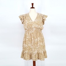 Michael Kors Women Beige Paisley Boho Flutter-Sleeve Ruffle Mini Dress Size L 