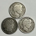 3X   Barber Dime,  1908,  1909-O,  1916   *** 3 COIN LOT *** 90% Silver, cleaned